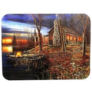 Rivers Edge Lake Cabin Tempered Glass Cutting Board Brown Green Kitchen Gift NEW